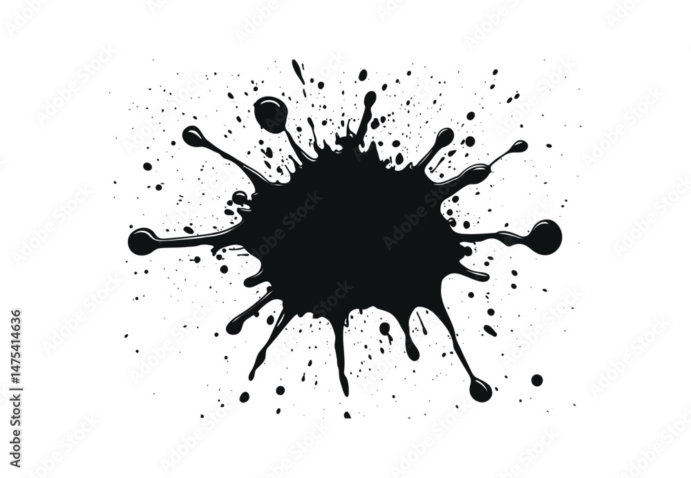 Black ink splatter isolated on white background. Abstract grunge paint splash, messy ink blot, dripping liquid texture, artistic splatter element for design, vector illustration high resolution. Black ink splatter isolated on white background. Abstract grunge paint splash, messy ink blot, dripping liquid texture, artistic splatter element for design, vector illustration high resolution.