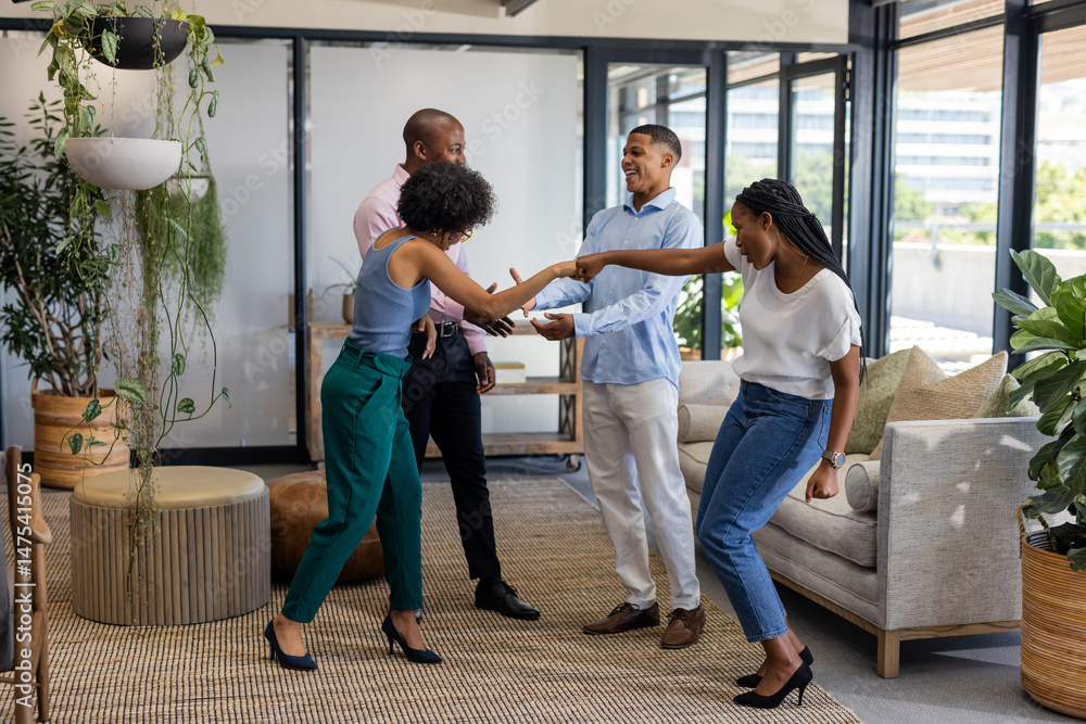 Fototapeta premium Colleagues greeting each other with enthusiasm in modern office lounge area