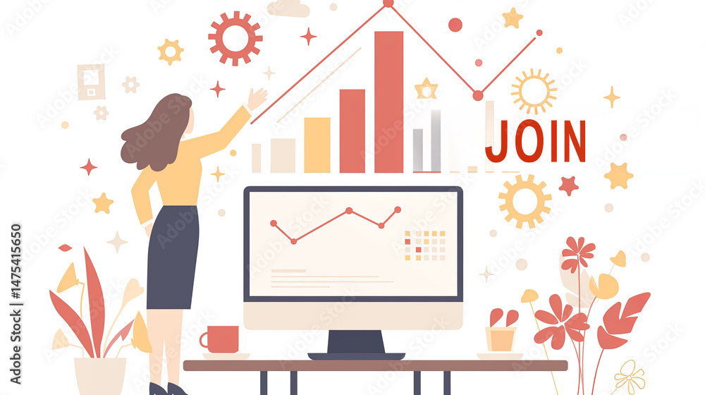 Obraz premium Businesswoman analyzing growth charts in a modern workspace with technology and graphics