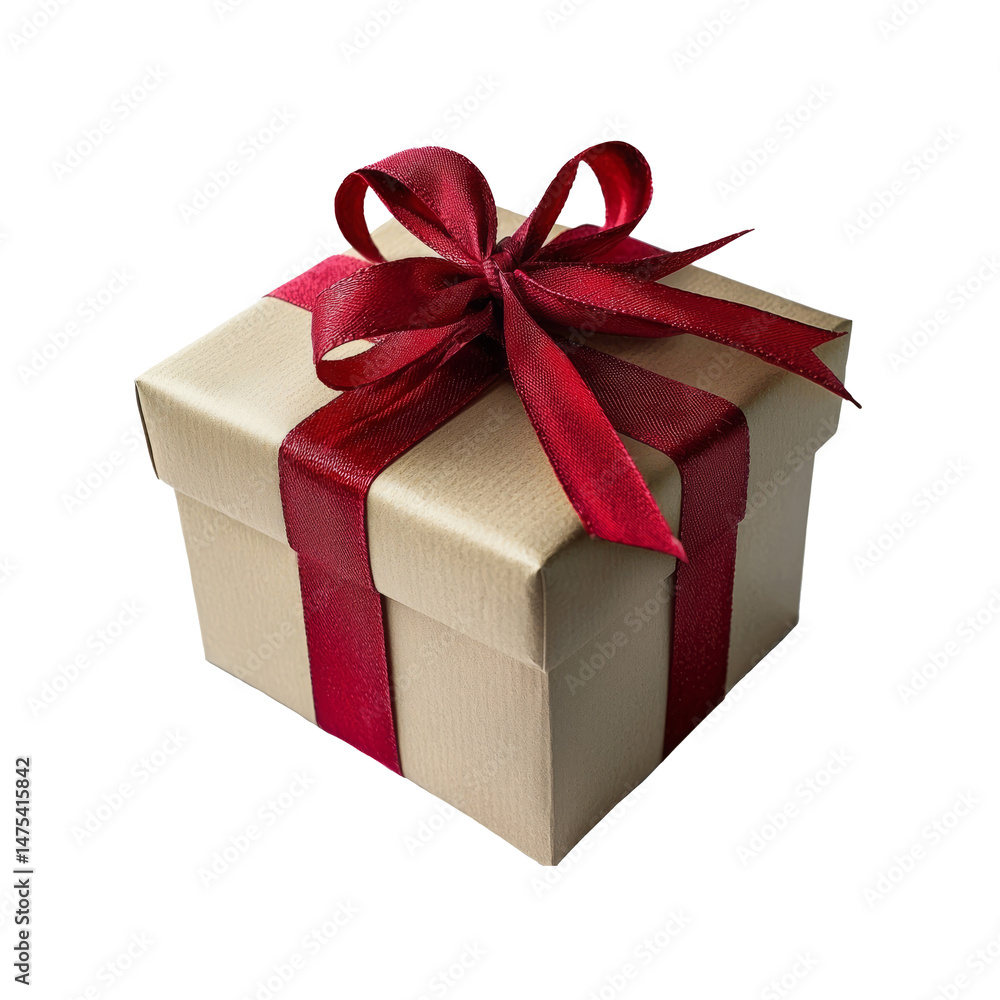 Obraz premium Elegantly wrapped gift box with red satin ribbon and bow on transparent background.