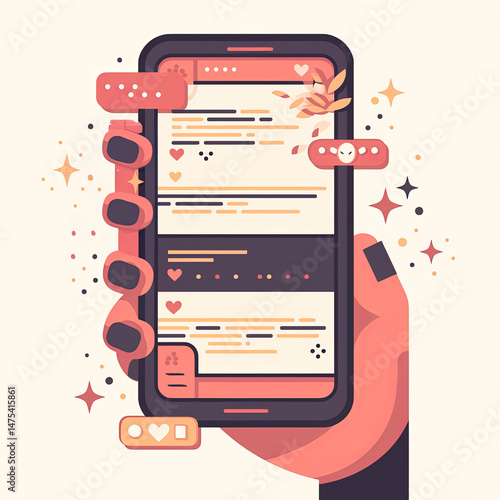 Stylized illustration of a phone displaying social media activity