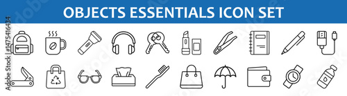 Essentials objects icon set vector illustration featuring backpack mug flashlight headphones keys lipstick