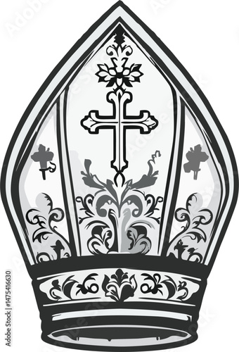 Detailed Vector Illustration of Papal Mitre – Black and White Bishop Hat with Cross and Floral Baroque Ornament for Religious Design