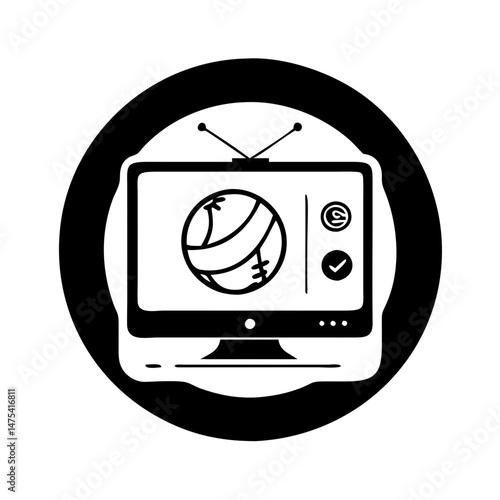 Baseball game broadcast on television with antenna in a black and white circle