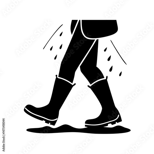 Person walking through a puddle of water wearing rainboots illustration