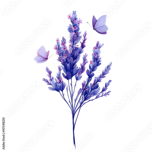 Watercolor Lavender Flowers and Butterflies Botanical Illustration