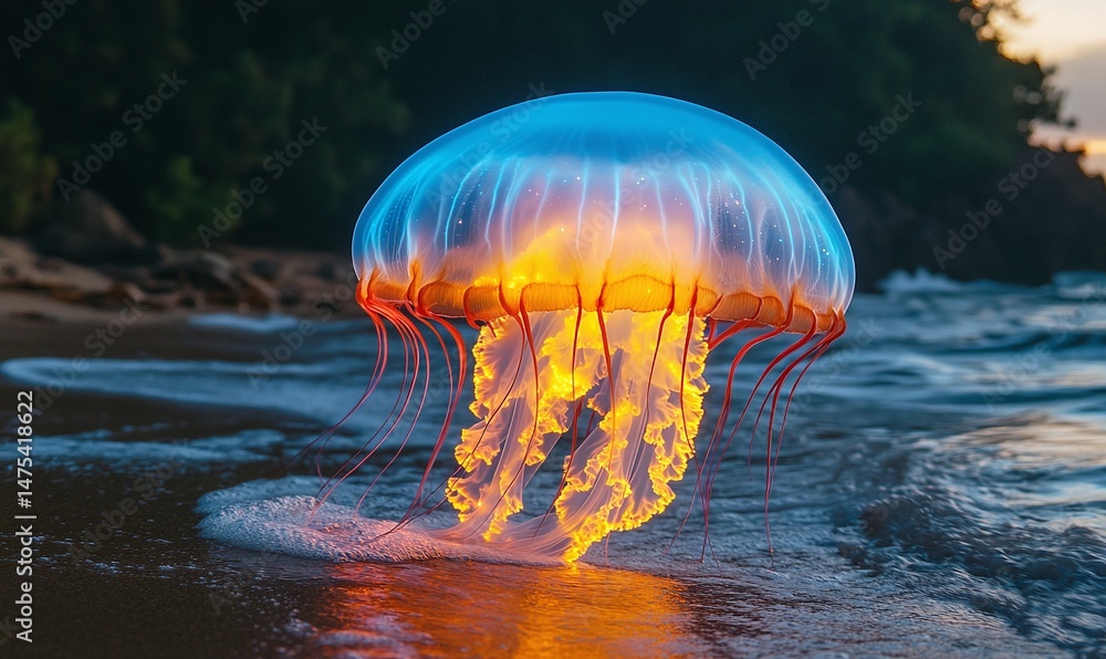 Fototapeta premium Vibrant jellyfish resting on the beach's edge.