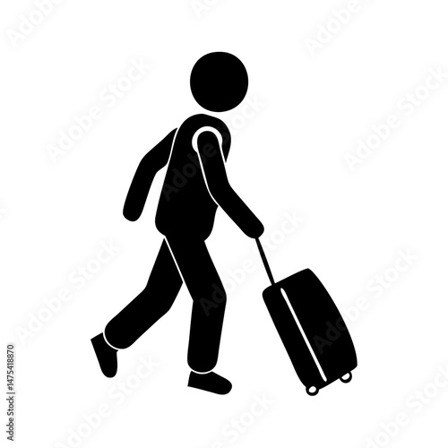 A simple black and white silhouette of a traveler with luggage