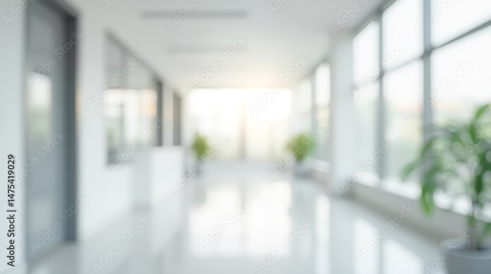 Blurred image of a bright clinic or hospital lobby reception. Clean, sterile environment with natural light for healthcare promotion Blurred image of a bright clinic or hospital lobby reception. Clean, sterile environment with natural light for healthcare promotion