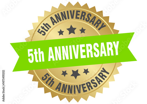 5th anniversary. 5th anniversary round green and gold label isolated on transparent background