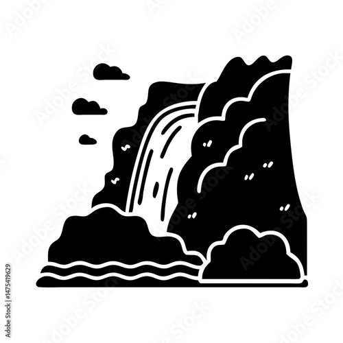 Bold monochrome illustration of a waterfall cascading from rocky mountainside