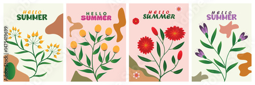 Creative concept summer greeting cards set plants, leaves, flowers art. Abstract and minimalist boho painting style  poster, banner, covers, ads, branding, labels, tempalte element