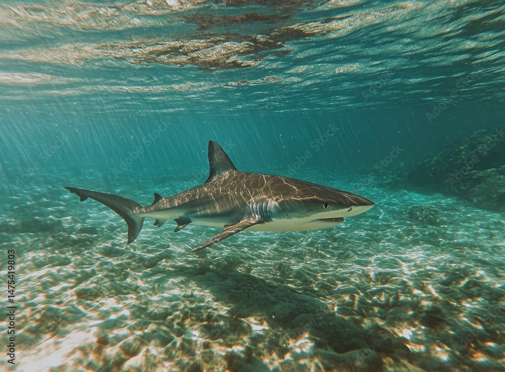 Fototapeta premium Shark Swimming Underwater in Clear Ocean Water