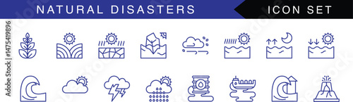 Natural disaster icon collection. Duotone color. Vector illustration. Containing avalanche, tsunami, sinking, hurricane, desert, flood, destruction, drought, disaster.