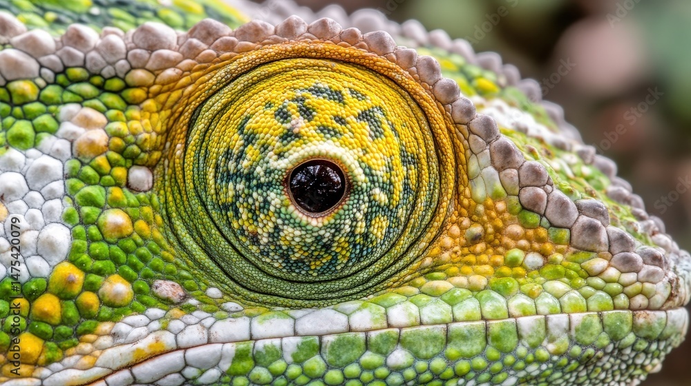 Fototapeta premium Close-up view of a chameleon's eye and textured skin.