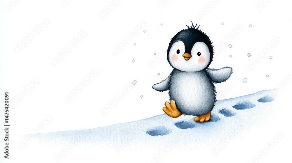 Obraz premium Cute Penguin Winter Walk - A happy penguin takes a stroll in the snow, symbolizing winter joy, playful adventure, cute animals, childlike wonder, and peaceful serenity
