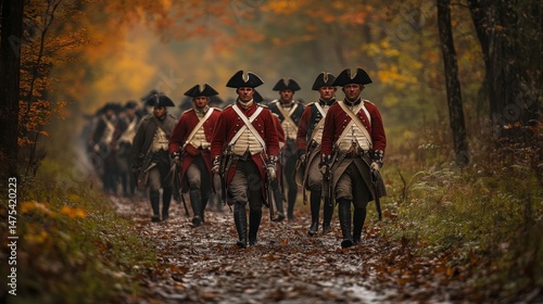 British redcoat soldiers marching in autumn field during historical reenactment.