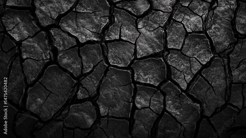 Fototapeta premium Dark cracked earth texture background abstract dry soil old rock grey arid stone black rough image
