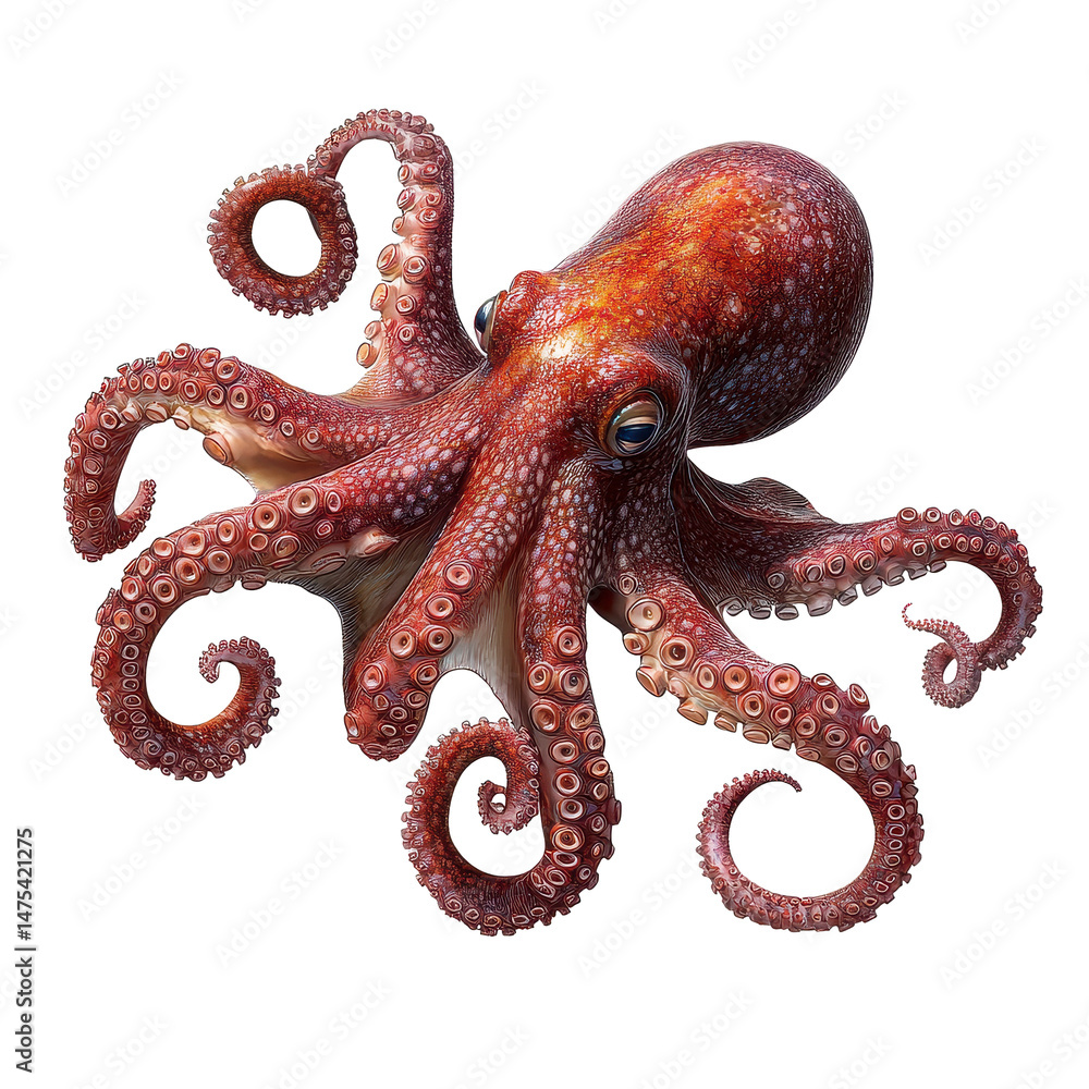 Fototapeta premium Realistic red octopus isolated on Transparent background showcasing intricate details of its tentacles and body, Red Octopus realistics Isolated on PNG background