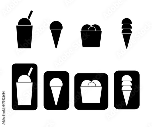 Conjunto de iconos para tienda de helados en blanco y negro con estilo minimalista.