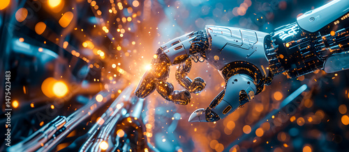 Background AI, Machine learning, Hands of robot and human touching on big data network connection, Data exchange, Science and artificial intelligence technology, innovation of futuristic.