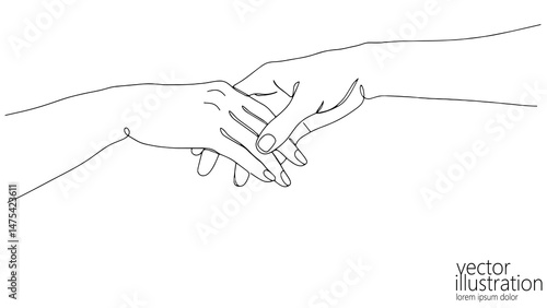 Holding hands line art illustration. Woman fingers gentle touch shown. Relationship wedding invitations, or therapy websites. Minimalist style, top-down view, clean white background