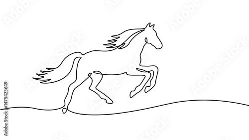 Black horse jumps gracefully. Mane tail legs detailed with smooth continuous line. Equine themed branding logo design. Simple line art style with plain white background vector illustration