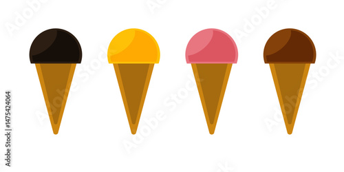 Vector de cucurucho con helado de chocolate, vainilla, frutilla y dulce de leche con estilo minimalista.
