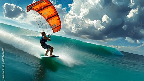 Kitesurfer riding waves under a dramatic sky backdrop