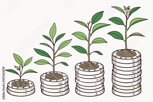 178 plants growing on stacks of coins, financial growth and investment, four stages of plant growth, macro photography, clean white background, detailed, high resolution, cinematic lighting