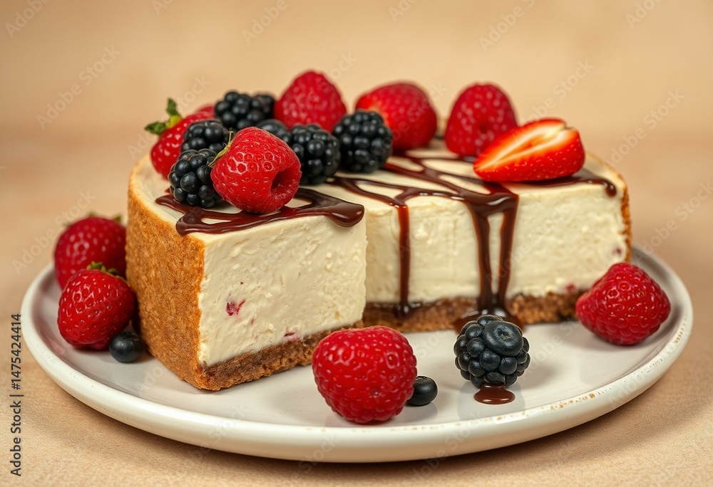 Vegan cheesecake with graham cracker crust, fresh berries, and chocolate sauce Vegan cheesecake with graham cracker crust, fresh berries, and chocolate sauce