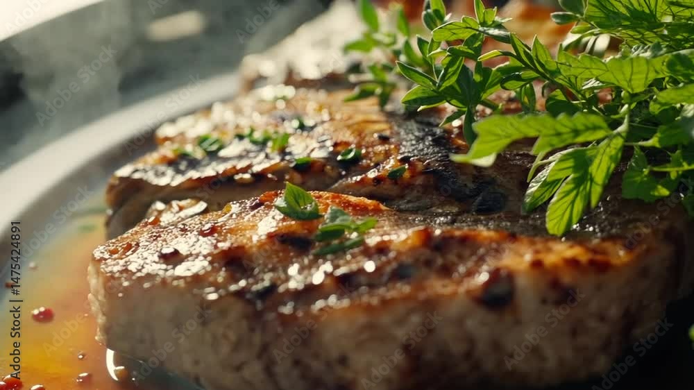 Delicious Pork Chops on a Plate with Fresh Herbs, Ready to Eat on Sunny Day Delicious Pork Chops on a Plate with Fresh Herbs, Ready to Eat on Sunny Day
