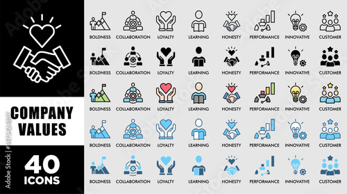 COMPANY VALUES icon set with various styles and colors customer satisfaction questionnaire honesty, boldness, collaboration, customer loyalty, learning, performance, innovative, trust icons live strok