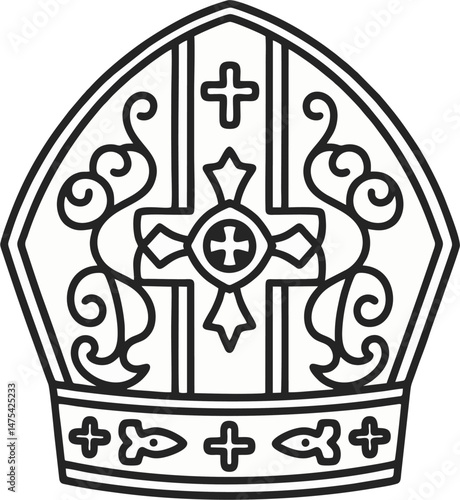 Black and White Line Art Vector of Papal Mitre – Minimalist Bishop Hat with Cross and Fish Symbols for Religious Design and Coloring Pages