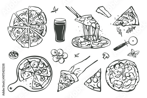 Hand drawn set of pizza. Simple sketch style pizza slices, whole pizza, hand holding pizza slice and ingredients