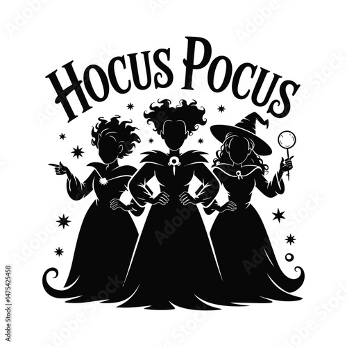 Three Hocus Pocus Witches Silhouette with Magical Elements