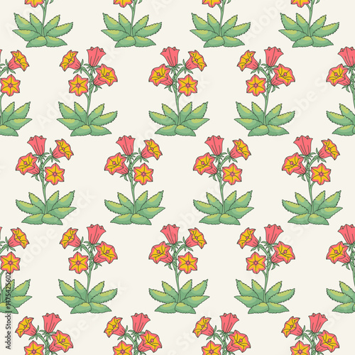 Seamless pattern with canary islands flowers bellflower in vintage millefleur style on white background. Hand drawn classic floral wallpaper vector illustration