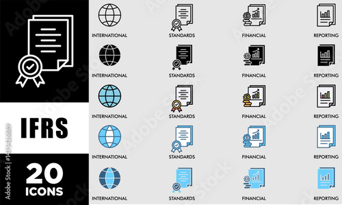 IFRS icon set with various styles and colors customer satisfaction questionnaire  global, network, money, documents, books, and writing