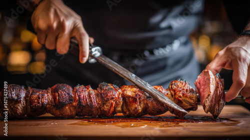 Brazilian churrasco chef slicing skewer-roasted alcatra steak on wooden cutting board with rich texture and detail