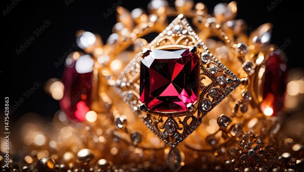 Fototapeta premium A close-up view of a diamond tiara set against a black background, featuring multiple red gemstones in a geometric pattern.
