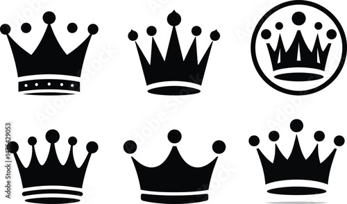 Collection of Simple Black Crown Icons for Royalty, Design, or Gaming Themes