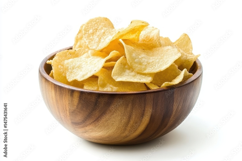 Potato chips fill a wooden bowl against a plain white background in a studio shot Potato chips fill a wooden bowl against a plain white background in a studio shot