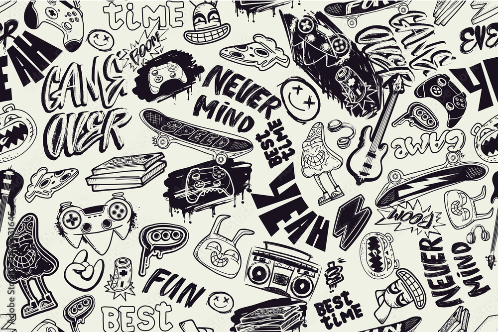 Doodle gaming print, music, teenagers elements for sport and school textile, wrapping paper. Monochrome background with game pad, pizza, street art graffiti words, guitar, rabbit, bear, skateboard Doodle gaming print, music, teenagers elements for sport and school textile, wrapping paper. Monochrome background with game pad, pizza, street art graffiti words, guitar, rabbit, bear, skateboard