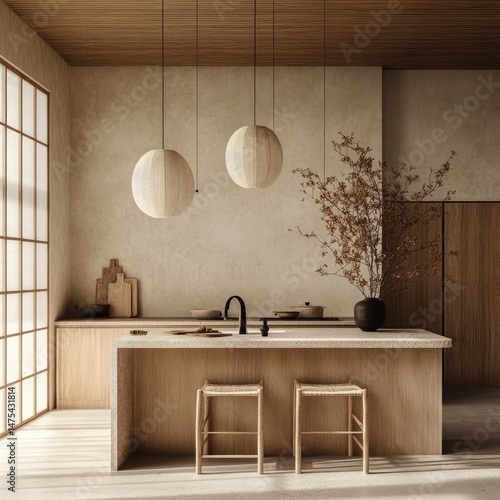 Modern, minimalist kitchen design with natural tones.