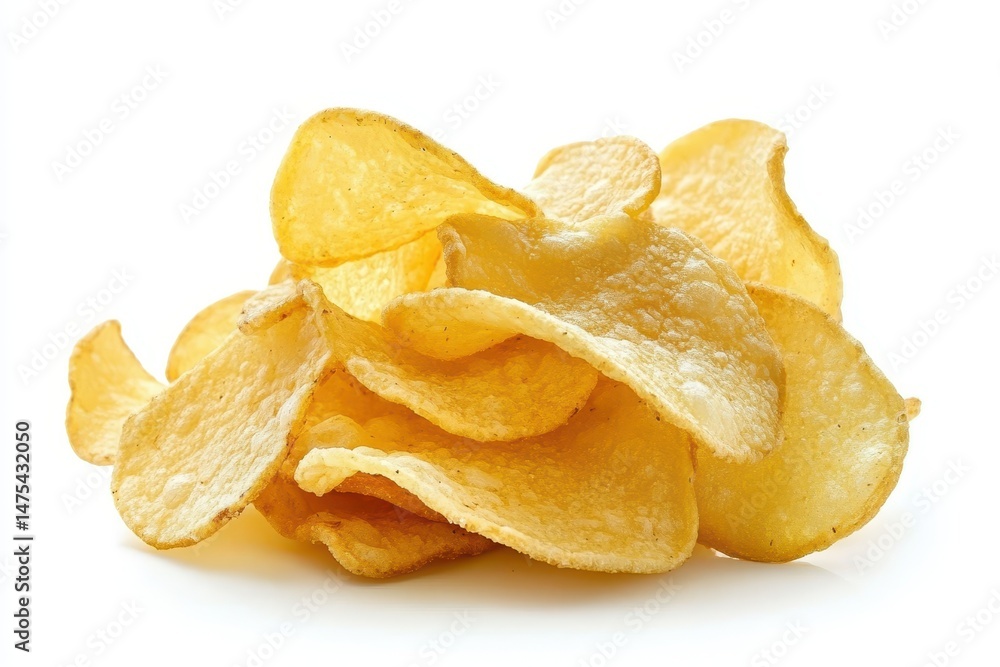 A pile of golden potato chips is stacked on a white surface in a close up shot A pile of golden potato chips is stacked on a white surface in a close up shot