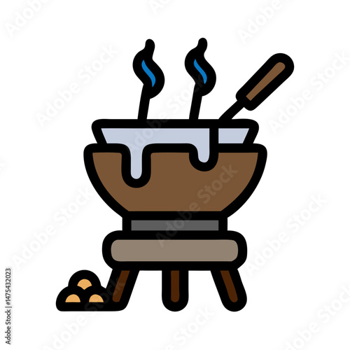 Cartoon Fondue Pot with Steam, Food, and Utensil
