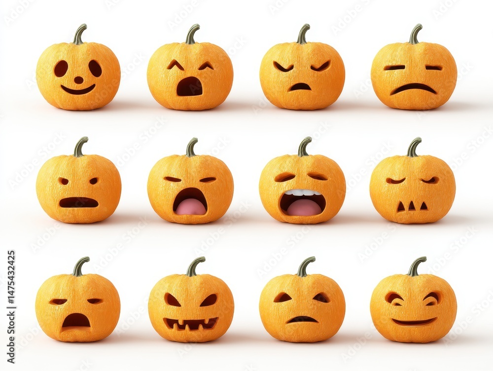 Collection of carved pumpkin faces expressing various emotions. Collection of carved pumpkin faces expressing various emotions.