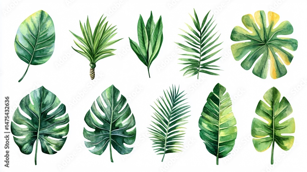 Fototapeta premium Vibrant Watercolor Tropical Jungle Plant Flora Leaves Illustration