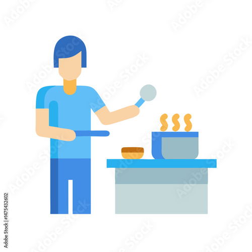 Man cooks with a ladle, pot and food