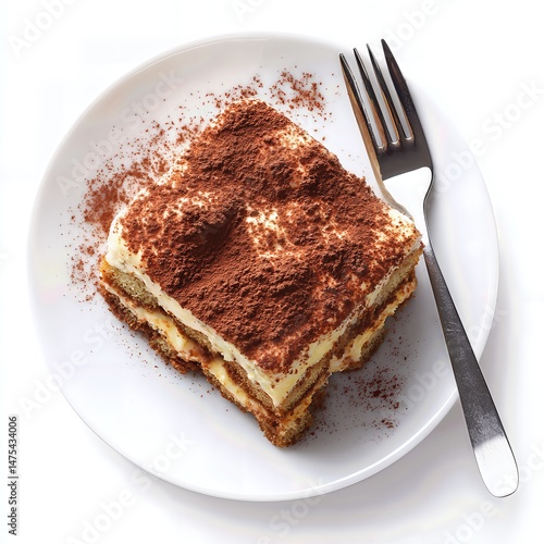 Delicious tiramisu dessert with cocoa powder sprinkled on top with fork on plate white background top view